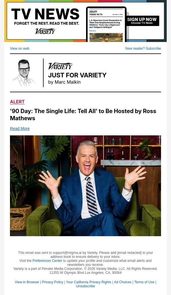 '90 Day: The Single Life: Tell All' to Be Hosted by Ross Mathews email from Variety screenshot