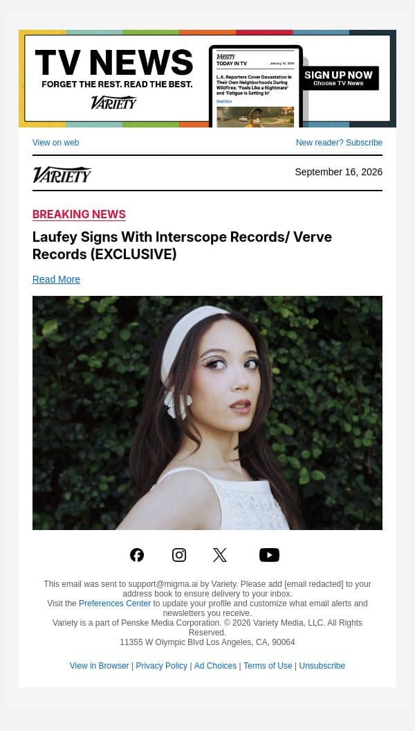 Laufey Signs With Interscope Records/ Verve Records (EXCLUSIVE) email from Variety screenshot