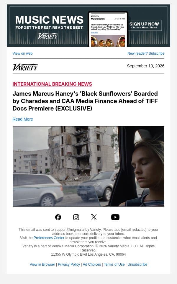 James Marcus Haney's 'Black Sunflowers' Boarded by Charades and CAA Media Finance Ahead of TIFF Docs Premiere (EXCLUSIVE) email from Variety screenshot