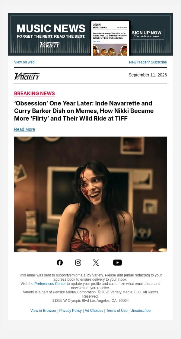‘Obsession’ One Year Later: Inde Navarrette and Curry Barker Dish on Memes, How Nikki Became More ‘Flirty’ and Their Wild Ride at TIFF email from Variety screenshot