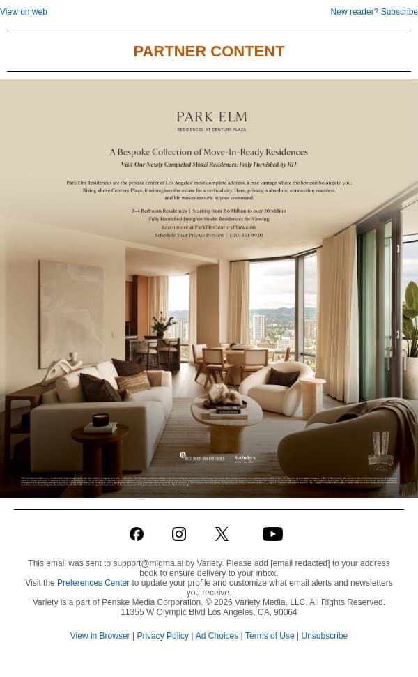 Visit Park Elm’s Fully Furnished RH Model Residences in Los Angeles email from Variety screenshot