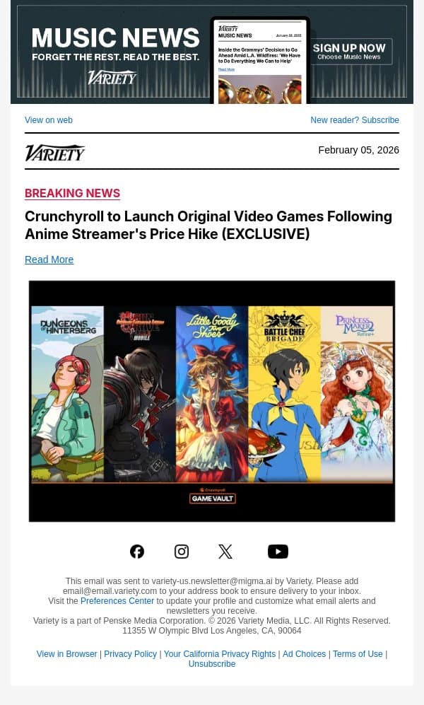 Crunchyroll to Launch Original Video Games Following Anime Streamer's Price Hike (EXCLUSIVE) email from Variety screenshot