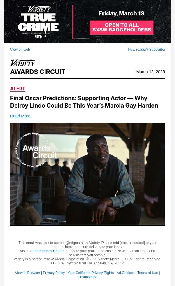 Final Oscar Predictions: Supporting Actor — Why Delroy Lindo Could Be This Year’s Marcia Gay Harden email from Variety screenshot