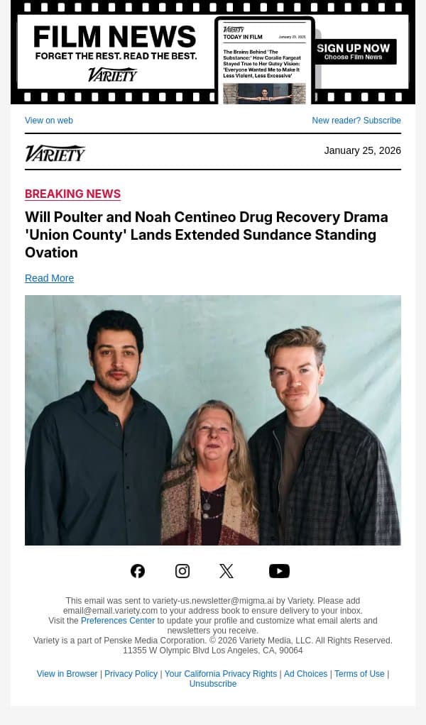 Will Poulter and Noah Centineo Drug Recovery Drama 'Union County' Lands Extended Sundance Standing Ovation email from Variety screenshot