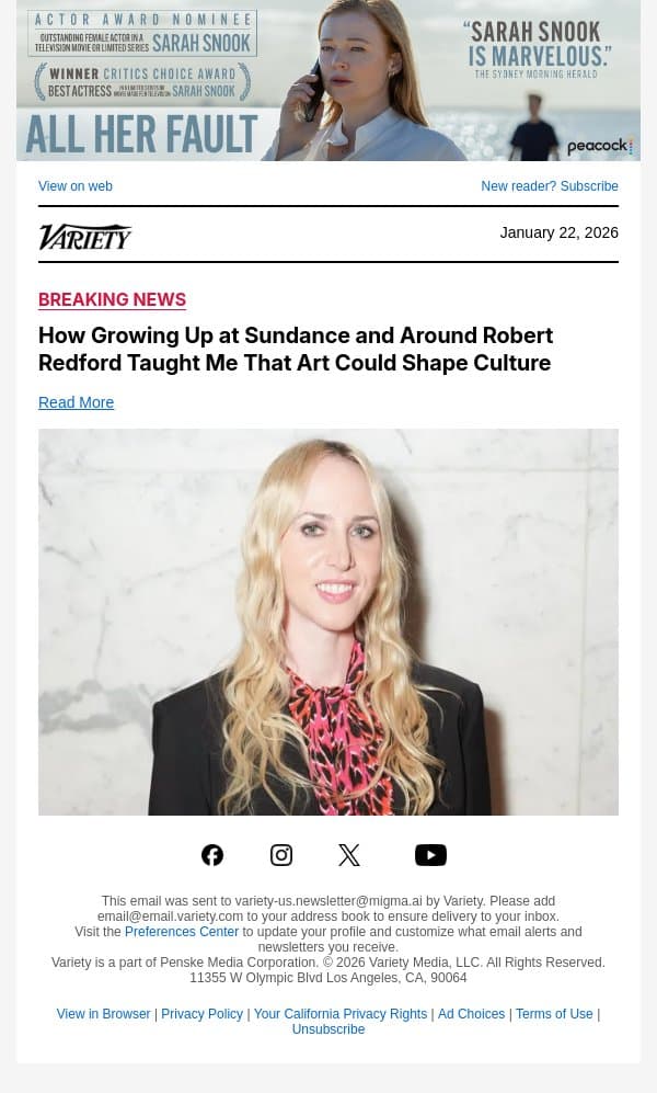 How Growing Up at Sundance and Around Robert Redford Taught Me That Art Could Shape Culture email from Variety screenshot