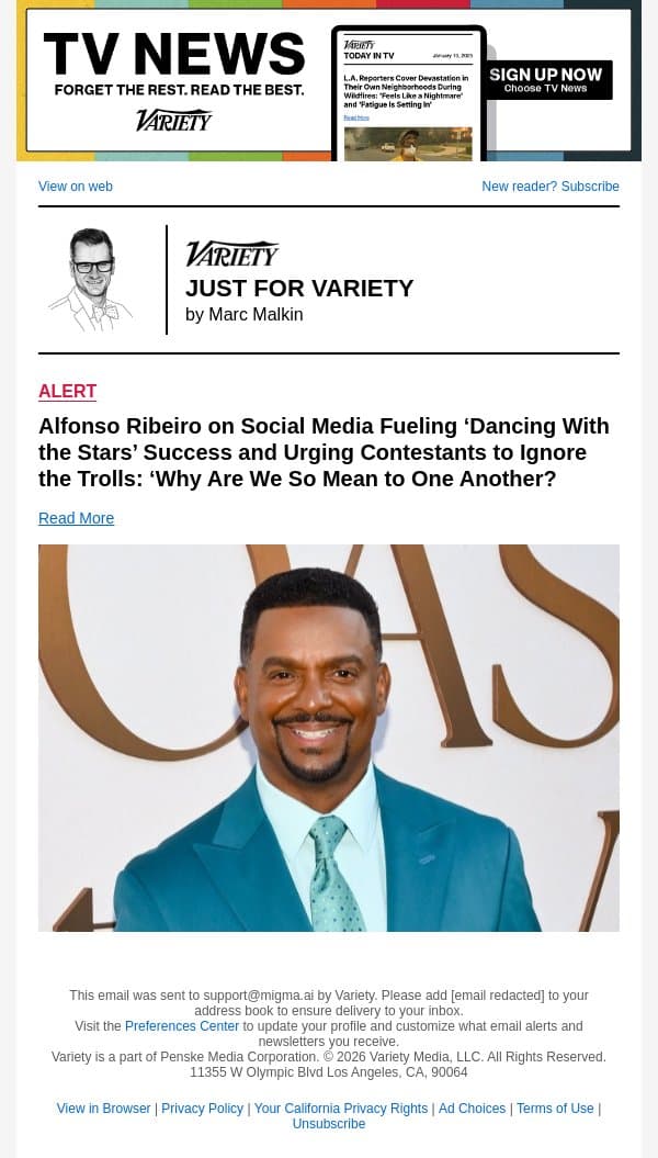 Alfonso Ribeiro on Social Media Fueling ‘Dancing With the Stars’ Success and Urging Contestants to Ignore the Trolls: ‘Why Are We So Mean to One Another? email from Variety screenshot