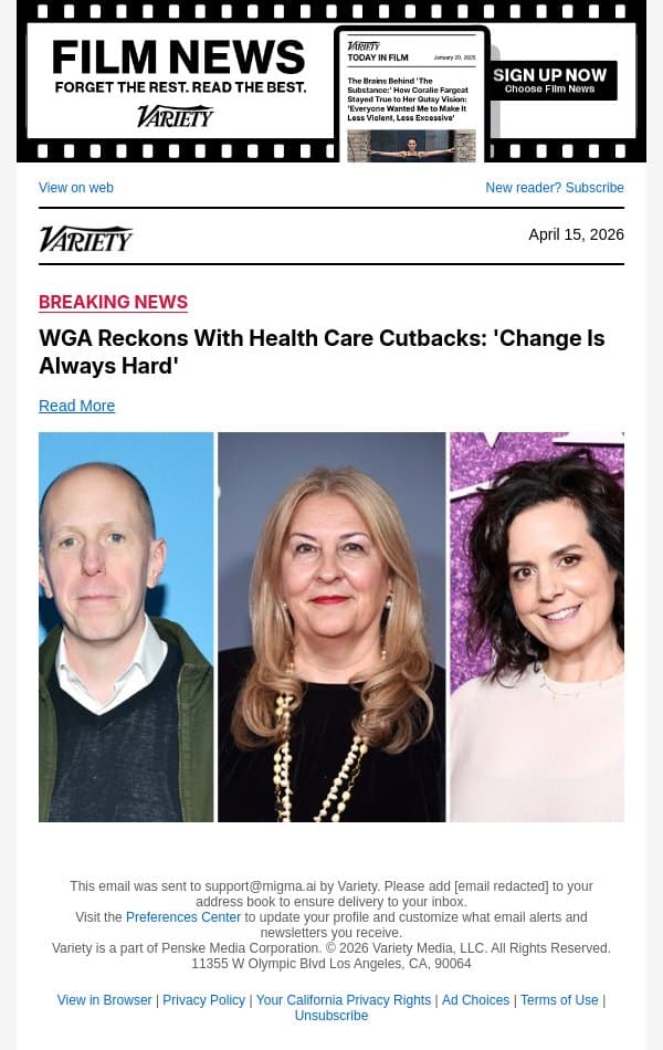 WGA Reckons With Health Care Cutbacks: 'Change Is Always Hard' email from Variety screenshot