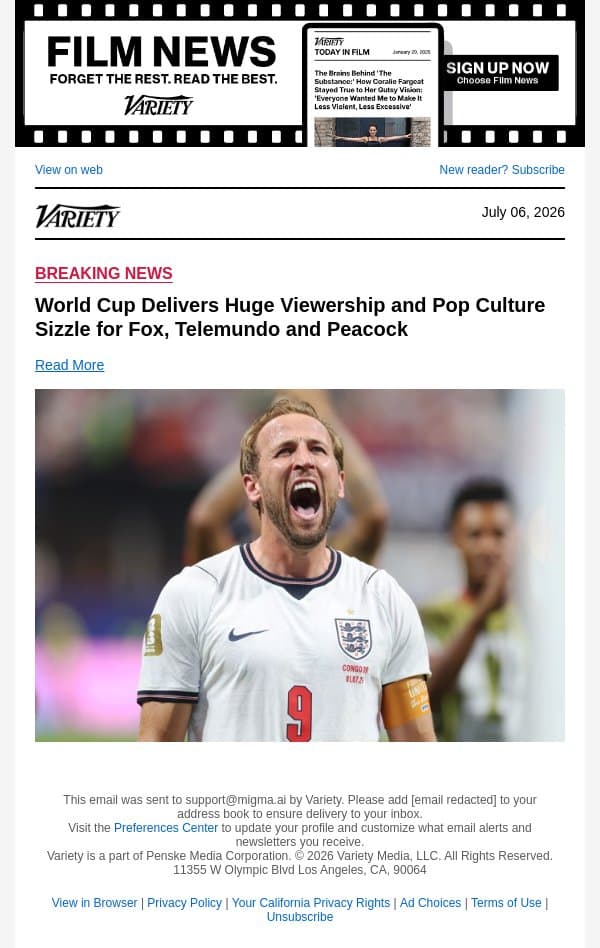 World Cup Delivers Huge Viewership and Pop Culture Sizzle for Fox, Telemundo and Peacock email from Variety screenshot