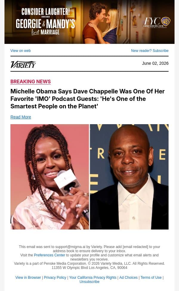 Michelle Obama Says Dave Chappelle Was One Of Her Favorite 'IMO' Podcast Guests: 'He's One of the Smartest People on the Planet' email from Variety screenshot
