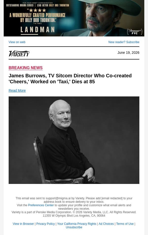 James Burrows, TV Sitcom Director Who Co-created 'Cheers,' Worked on 'Taxi,' Dies at 85 email from Variety screenshot