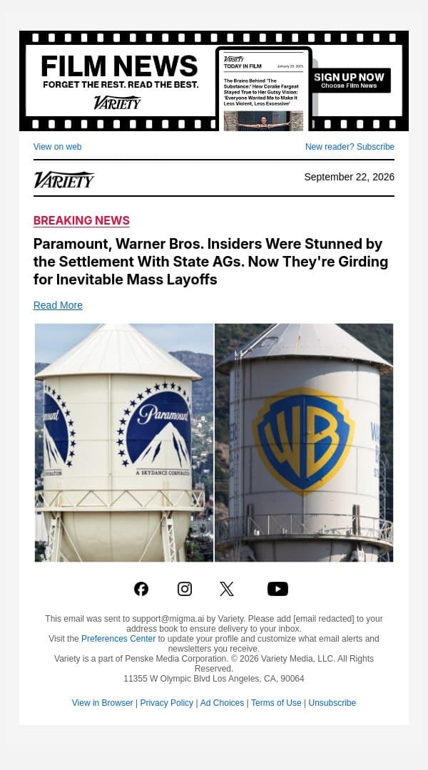 Paramount, Warner Bros. Insiders Were Stunned by the Settlement With State AGs. Now They're Girding for Inevitable Mass Layoffs email from Variety screenshot