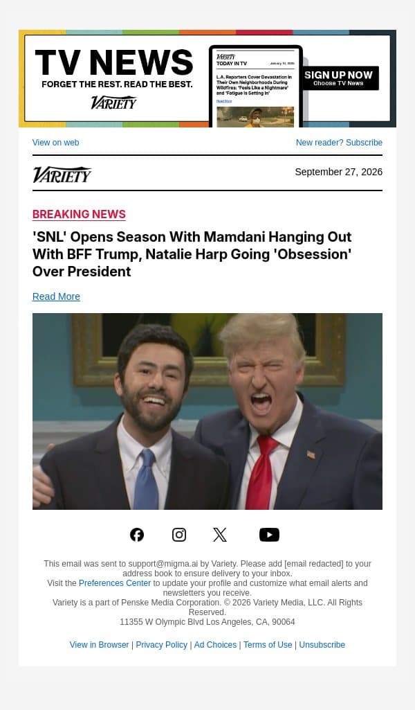 'SNL' Opens Season With Mamdani Hanging Out With BFF Trump, Natalie Harp Going 'Obsession' Over President email from Variety screenshot