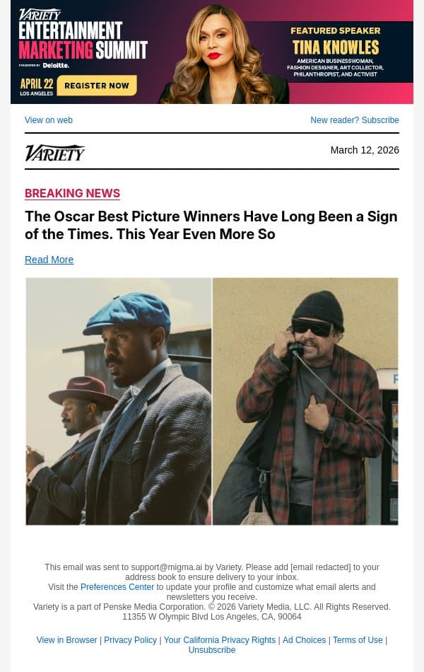 The Oscar Best Picture Winners Have Long Been a Sign of the Times. This Year Even More So email from Variety screenshot