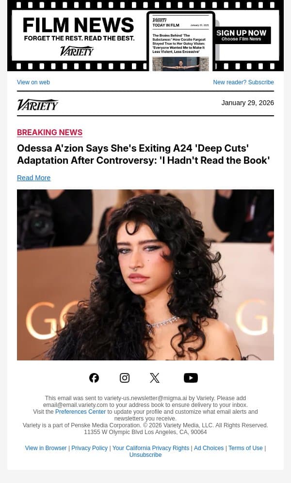 Odessa A'zion Says She's Exiting A24 'Deep Cuts' Adaptation After Controversy: 'I Hadn't Read the Book' email from Variety screenshot