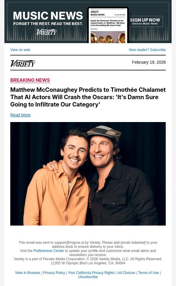 Matthew McConaughey Predicts to Timothée Chalamet That AI Actors Will Crash the Oscars: 'It's Damn Sure Going to Infiltrate Our Category' email from Variety screenshot