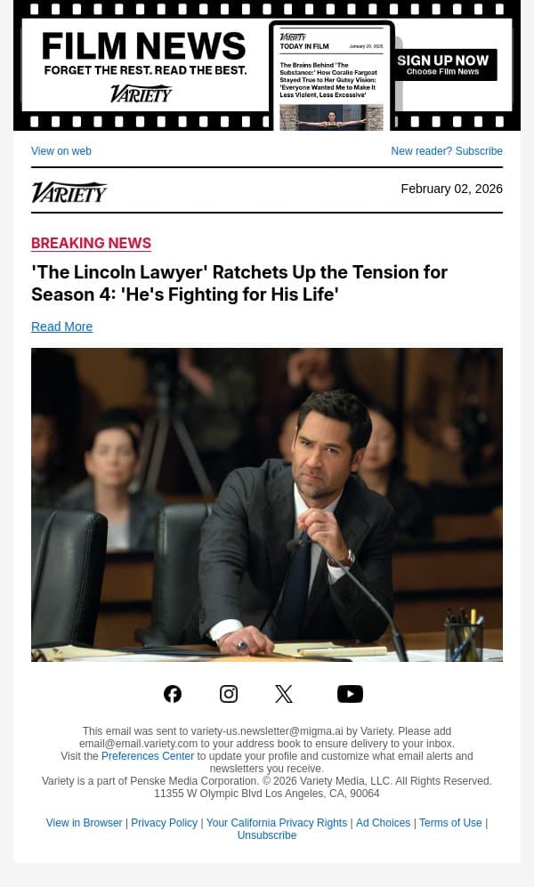 'The Lincoln Lawyer' Ratchets Up the Tension for Season 4: 'He's Fighting for His Life' email from Variety screenshot
