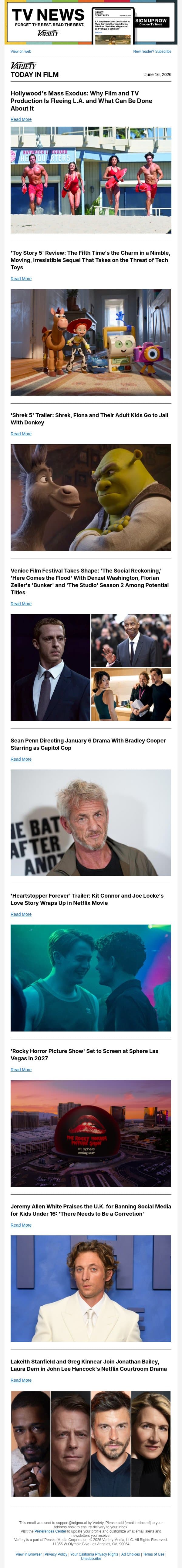Hollywood's Mass Exodus; 'Toy Story 5' Review; 'Shrek 5' Trailer email from Variety screenshot
