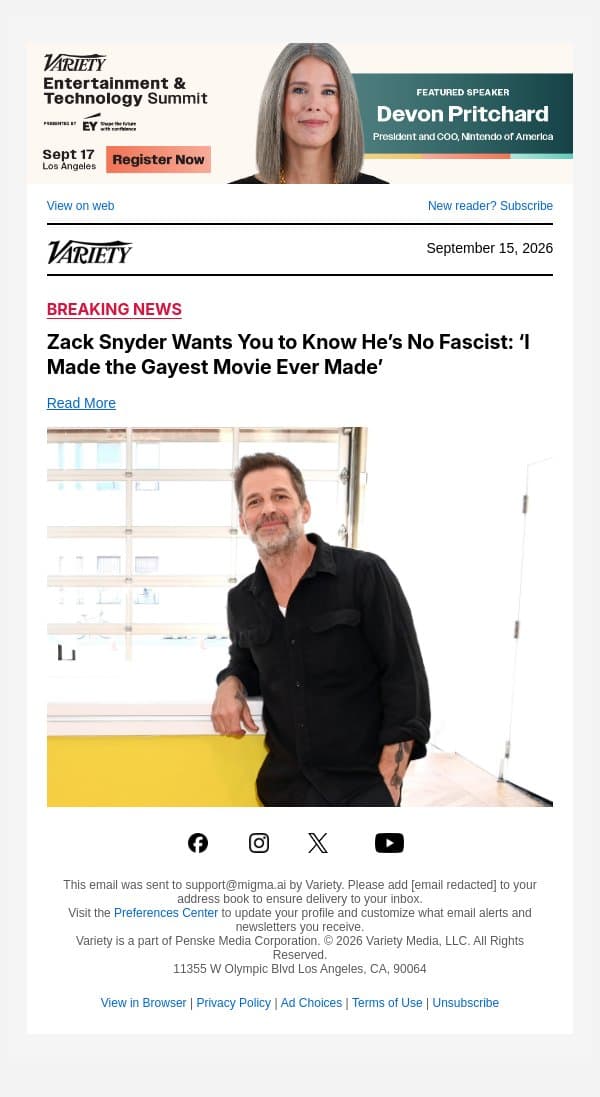 Zack Snyder Wants You to Know He’s No Fascist: ‘I Made the Gayest Movie Ever Made’ email from Variety screenshot