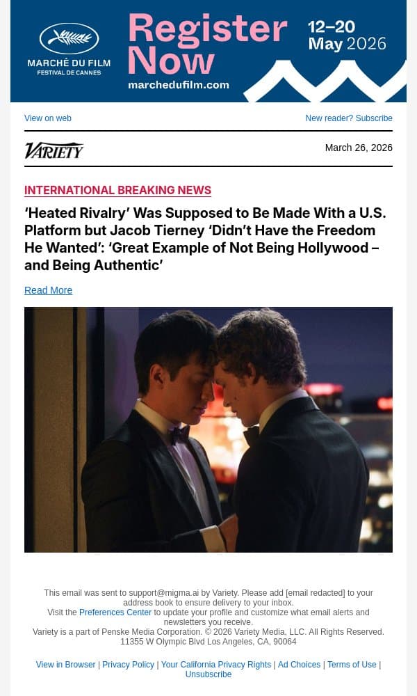 ‘Heated Rivalry’ Was Supposed to Be Made With a U.S. Platform but Jacob Tierney ‘Didn’t Have the Freedom He Wanted’: ‘Great Example of Not Being Hollywood – and Being Authentic’ email from Variety screenshot
