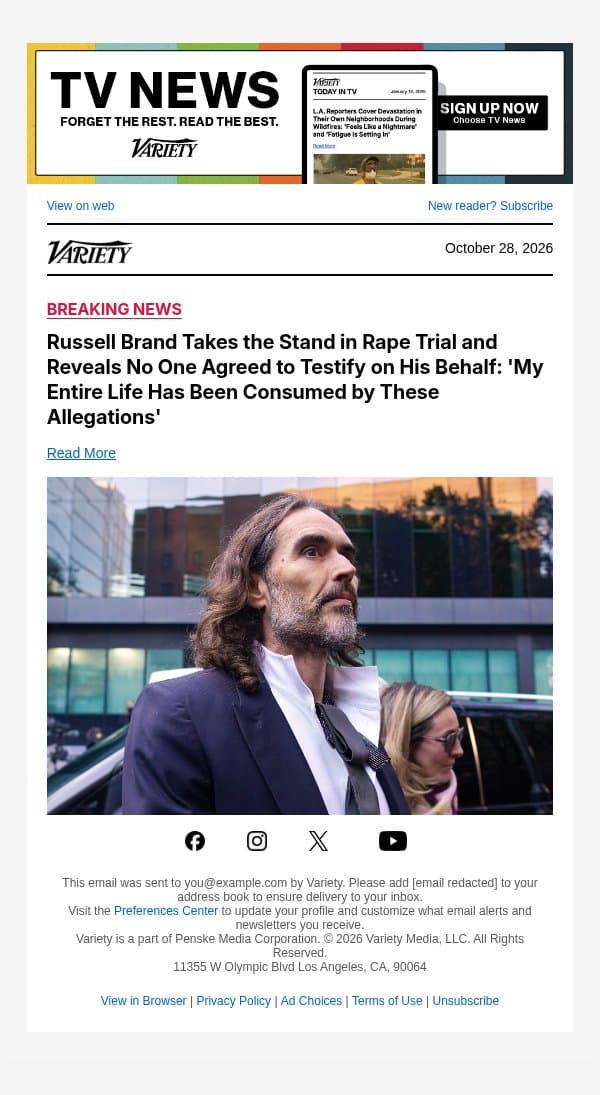 Russell Brand Takes the Stand in Rape Trial and Reveals No One Agreed to Testify on His Behalf: 'My Entire Life Has Been Consumed by These Allegations' email from Variety screenshot