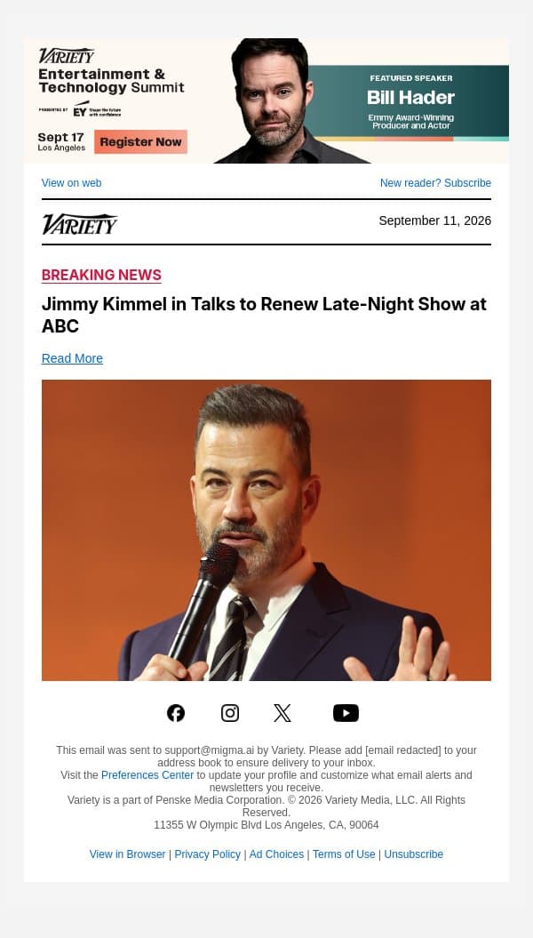 Jimmy Kimmel in Talks to Renew Late-Night Show at ABC email from Variety screenshot