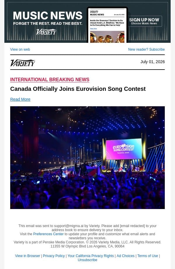 Canada Officially Joins Eurovision Song Contest email from Variety screenshot