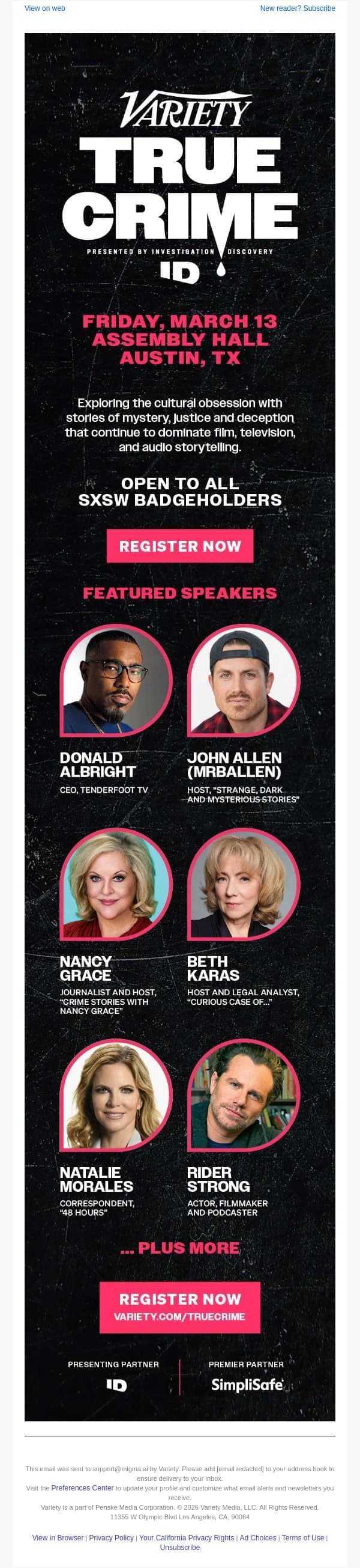 Attending SXSW? Don't Miss Variety's True Crime Summit on March 13 email from Variety screenshot