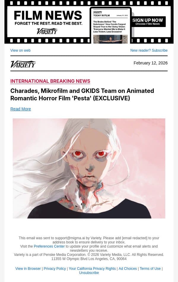 Charades, Mikrofilm and GKIDS Team on Animated Romantic Horror Film 'Pesta' (EXCLUSIVE) email from Variety screenshot