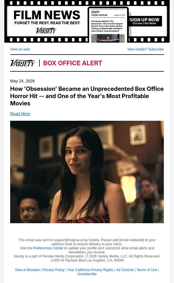 How 'Obsession' Became an Unprecedented Box Office Horror Hit -- and One of the Year's Most Profitable Movies email from Variety screenshot