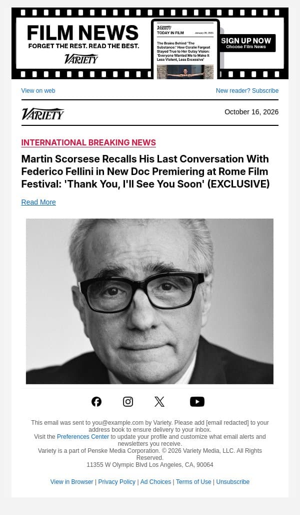 Martin Scorsese Recalls His Last Conversation With Federico Fellini in New Doc Premiering at Rome Film Festival: 'Thank You, I'll See You Soon' (EXCLUSIVE) email from Variety screenshot
