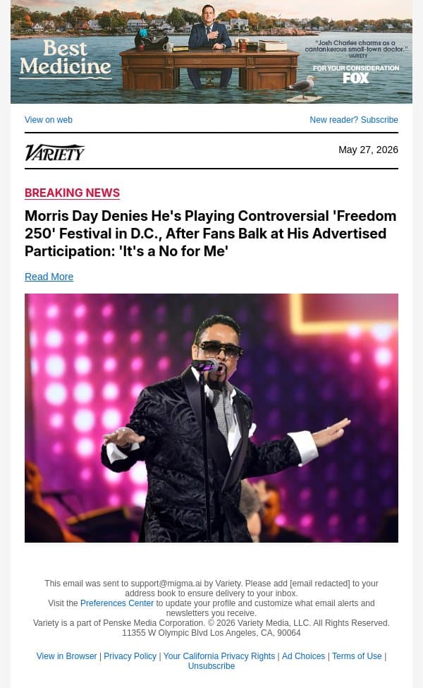 Morris Day Denies He's Playing Controversial 'Freedom 250' Festival in D.C., After Fans Balk at His Advertised Participation: 'It's a No for Me' email from Variety screenshot