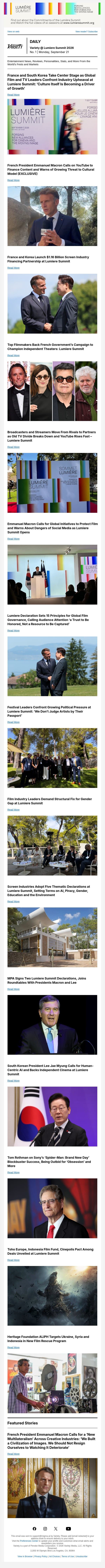 Lumiere Summit Recap; Emmanuel Macron Calls Out YouTube; France, Korea Set $1.16 Billion Alliance email from Variety screenshot