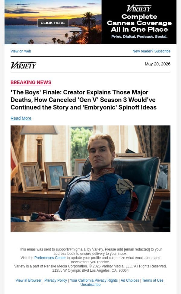 'The Boys' Finale: Creator Explains Those Major Deaths, How Canceled 'Gen V' Season 3 Would've Continued the Story and 'Embryonic' Spinoff Ideas email from Variety screenshot