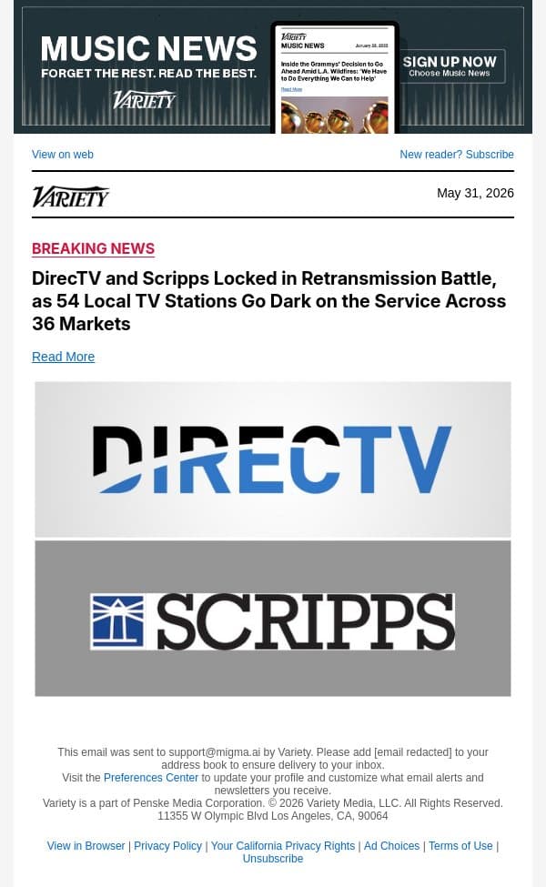 DirecTV and Scripps Locked in Retransmission Battle, as 54 Local TV Stations Go Dark on the Service Across 36 Markets email from Variety screenshot