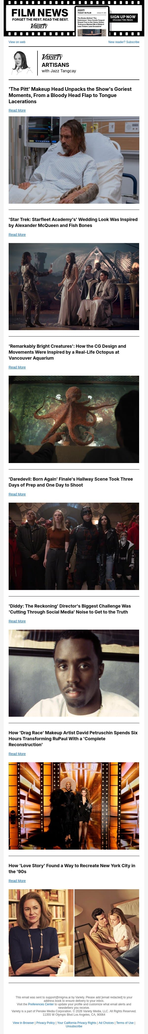 'The Pitt's' Goriest Makeup Moments; How 'Love Story' Recreated New York in the '90s; RuPaul's Drag Look Takes Six Hours email from Variety screenshot