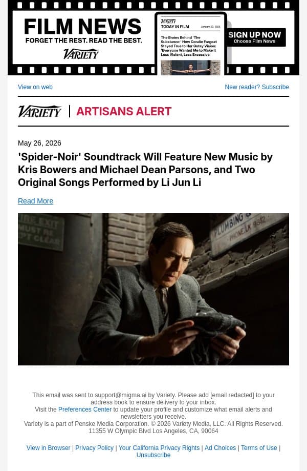'Spider-Noir' Soundtrack Will Feature New Music by Kris Bowers and Michael Dean Parsons, and Two Original Songs Performed by Li Jun Li email from Variety screenshot