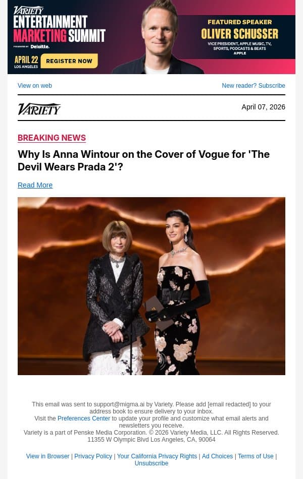 Why Is Anna Wintour on the Cover of Vogue for 'The Devil Wears Prada 2'? email from Variety screenshot