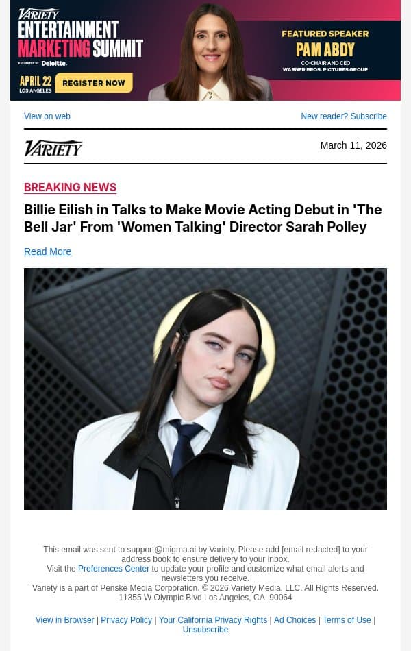Billie Eilish in Talks to Make Movie Acting Debut in 'The Bell Jar' From 'Women Talking' Director Sarah Polley email from Variety screenshot