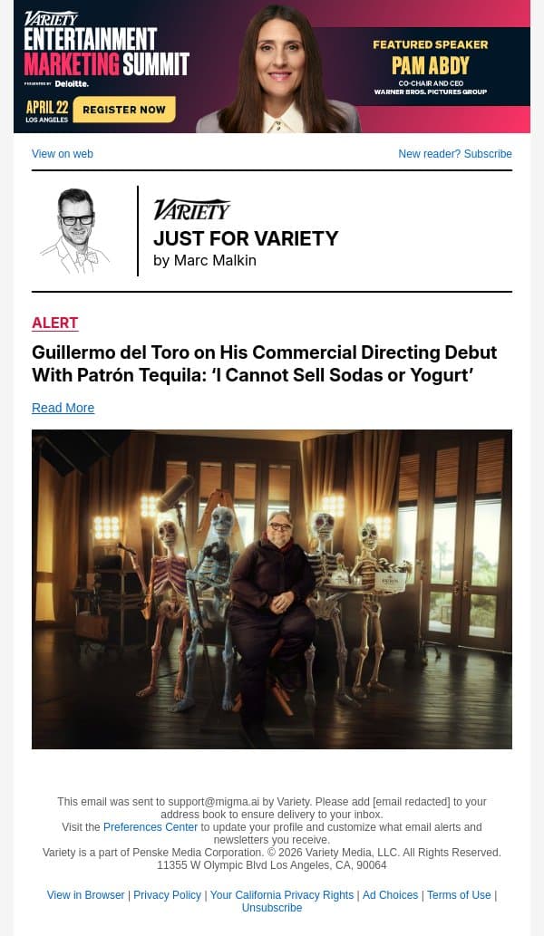 Guillermo del Toro on His Commercial Directing Debut With Patrón Tequila: ‘I Cannot Sell Sodas or Yogurt’ email from Variety screenshot