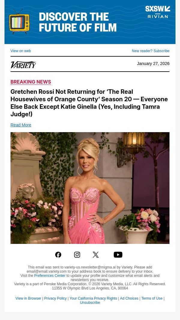 Gretchen Rossi Not Returning for ‘The Real Housewives of Orange County’ Season 20 — Everyone Else Back Except Katie Ginella (Yes, Including Tamra Judge!) email from Variety screenshot