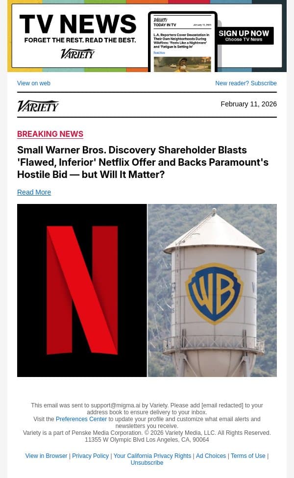 Small Warner Bros. Discovery Shareholder Blasts 'Flawed, Inferior' Netflix Offer and Backs Paramount's Hostile Bid — but Will It Matter? email from Variety screenshot