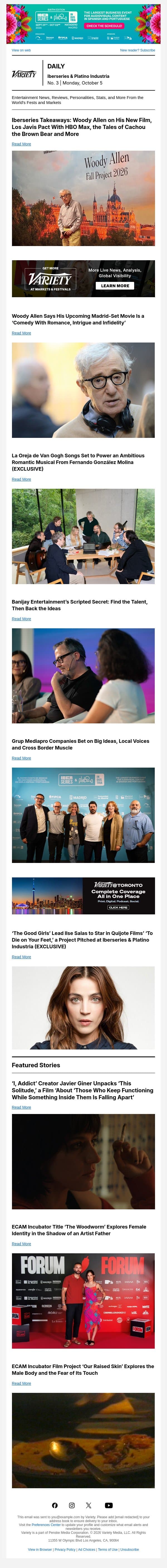 Iberseries Takeaways; Woody Allen’s New Film; La Oreja de Van Gogh Powers Romantic Musical email from Variety screenshot
