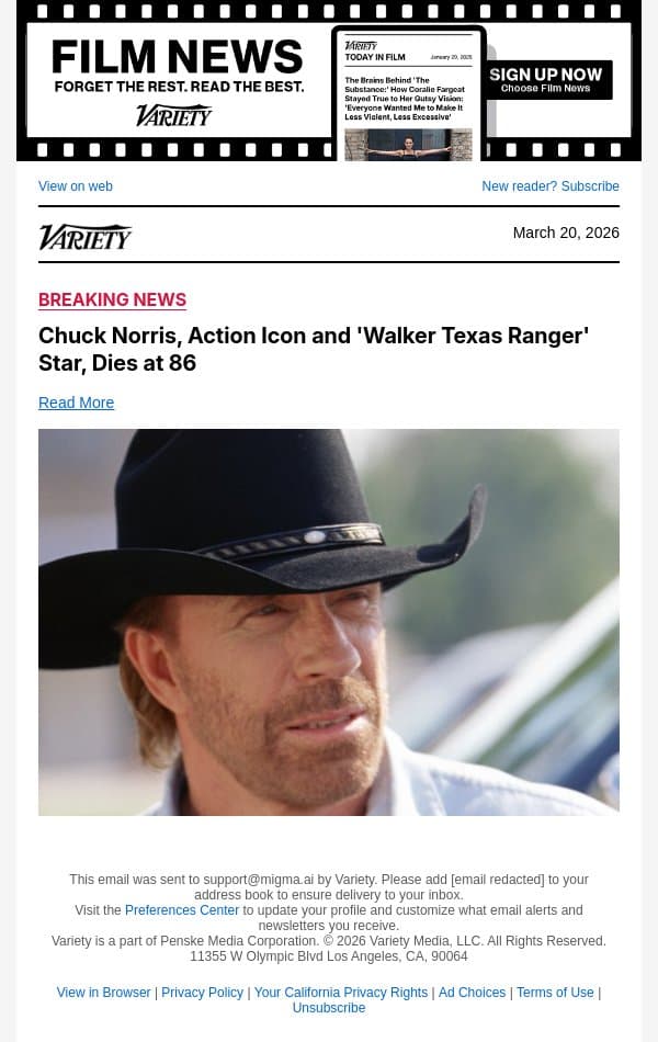 Chuck Norris, Action Icon and 'Walker Texas Ranger' Star, Dies at 86 email from Variety screenshot