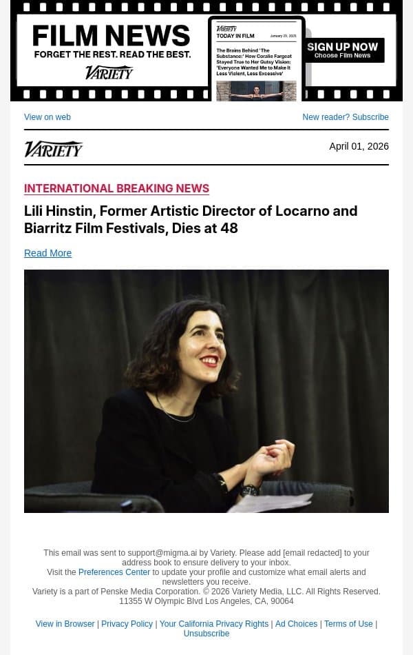Lili Hinstin, Former Artistic Director of Locarno and Biarritz Film Festivals, Dies at 48 email from Variety screenshot