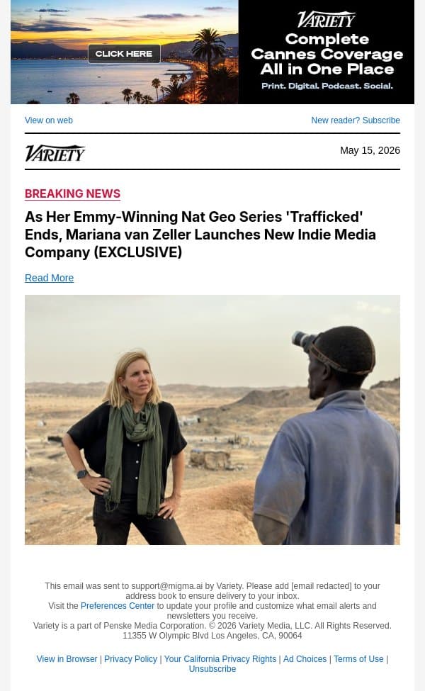 As Her Emmy-Winning Nat Geo Series 'Trafficked' Ends, Mariana van Zeller Launches New Indie Media Company (EXCLUSIVE) email from Variety screenshot