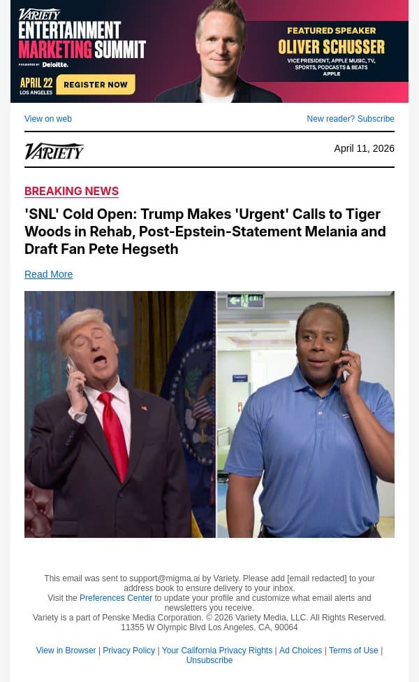'SNL' Cold Open: Trump Makes 'Urgent' Calls to Tiger Woods in Rehab, Post-Epstein-Statement Melania and Draft Fan Pete Hegseth email from Variety screenshot