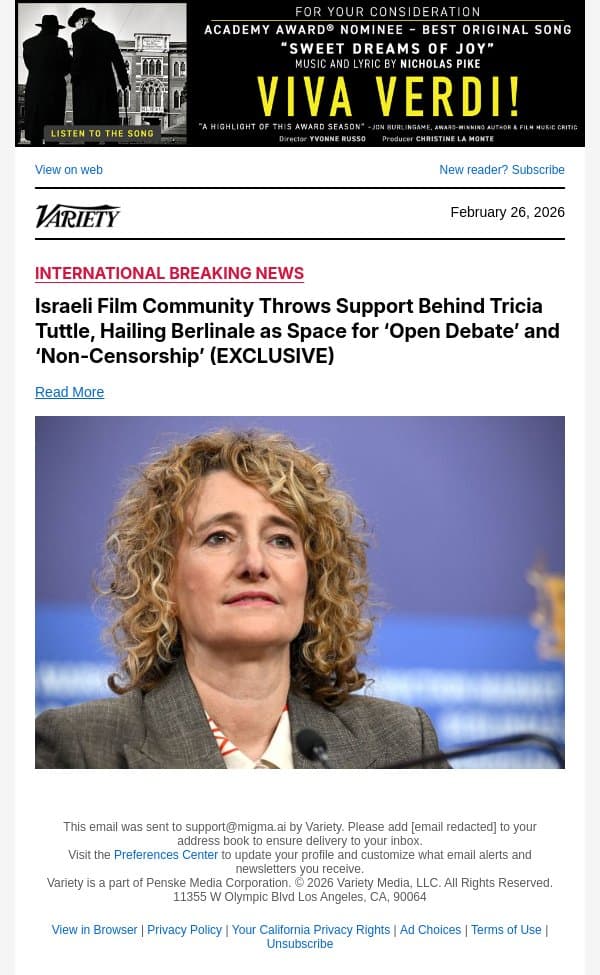 Israeli Film Community Throws Support Behind Tricia Tuttle, Hailing Berlinale as Space for ‘Open Debate’ and ‘Non-Censorship’ (EXCLUSIVE) email from Variety screenshot