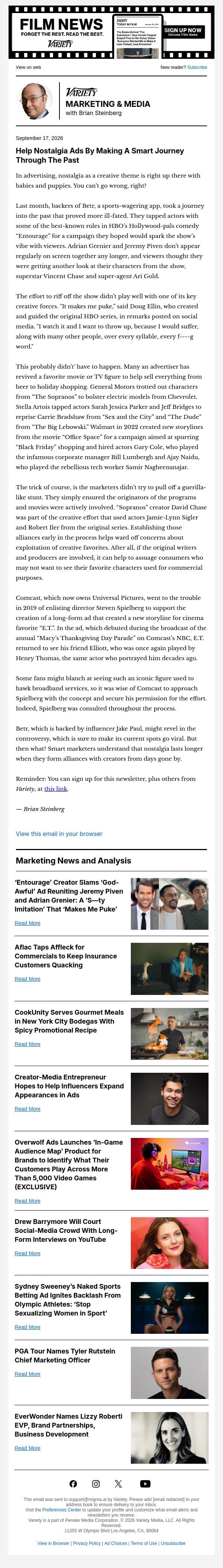 Marketing & Media Newsletter: Not-So-New Nostalgia Tricks; Affleck Does Aflac; New York City Bodega Blast; and More email from Variety screenshot