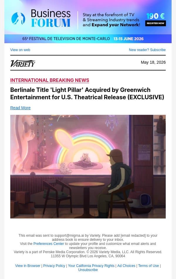 Berlinale Title 'Light Pillar' Acquired by Greenwich Entertainment for U.S. Theatrical Release (EXCLUSIVE) email from Variety screenshot
