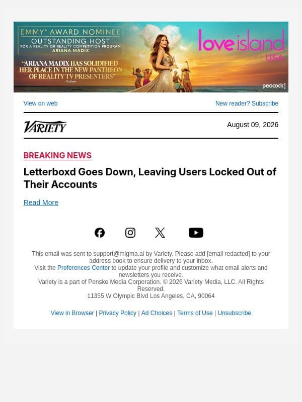 Letterboxd Goes Down, Leaving Users Locked Out of Their Accounts email from Variety screenshot